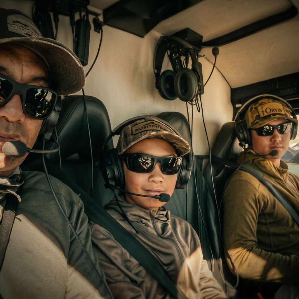 Henare and Jazz in a helicopter cockpit over the Queenstown backcountry